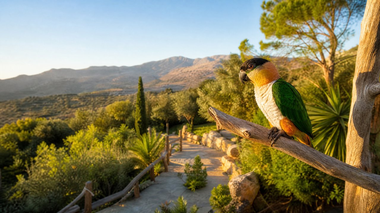 Amazonas Park, Crete Parrot and Cretan countryside at Amazonas Park