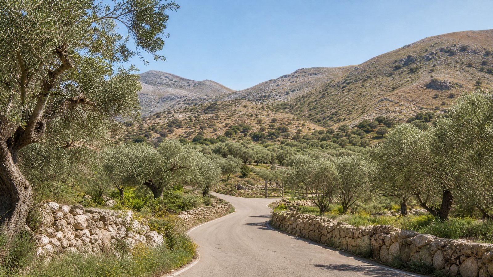 Olive groves and open hills on an inland Crete drive