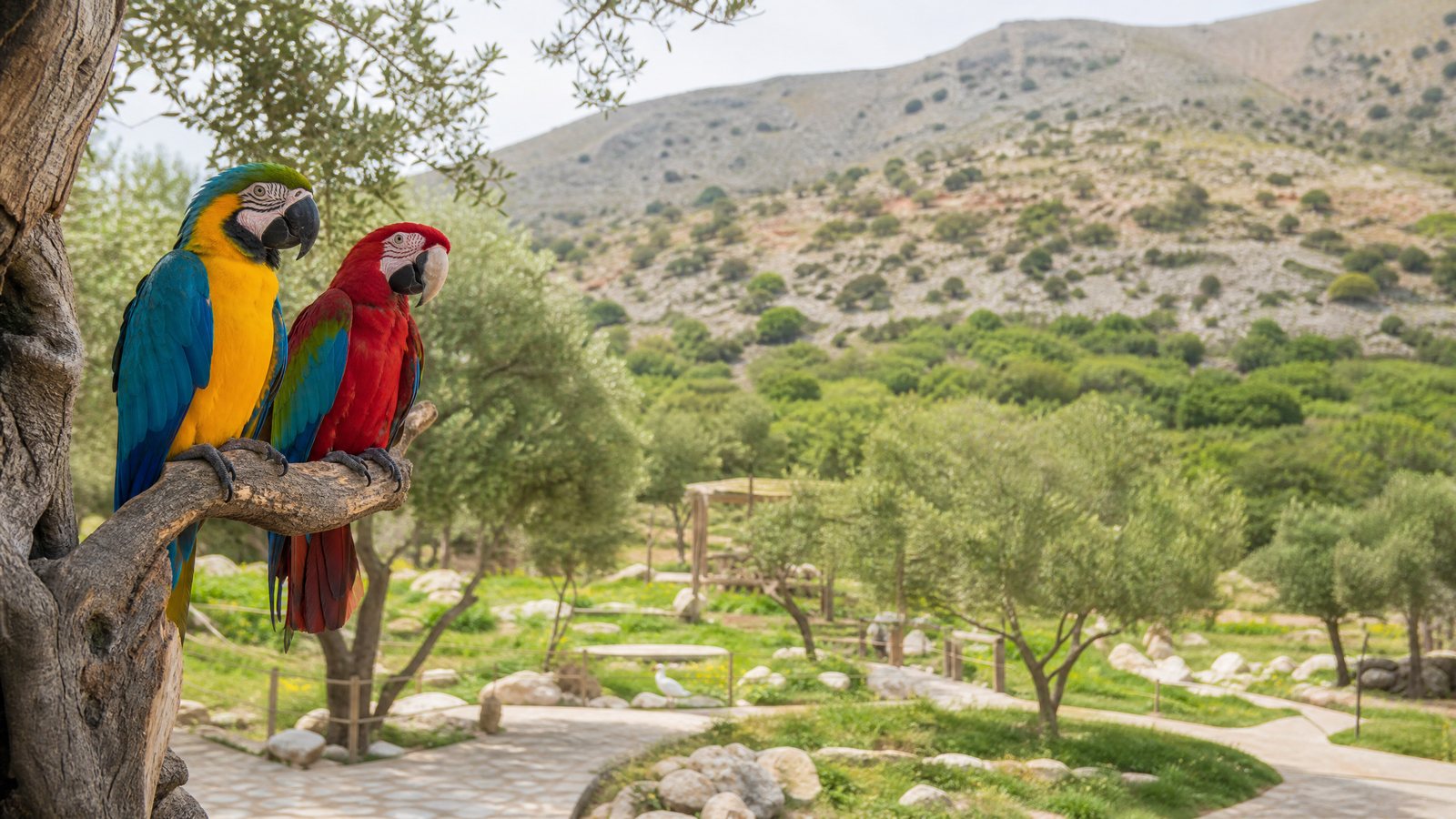 Colourful parrots in a Cretan hillside setting