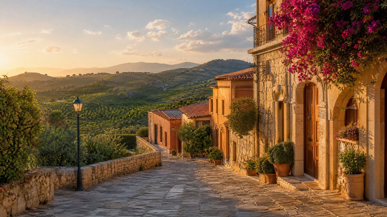 Archanes, Crete Stone lane and flowering houses in Archanes, Crete